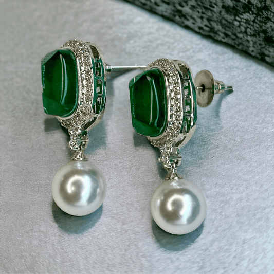 Emerald & Diamond earrings with Pearl Drops