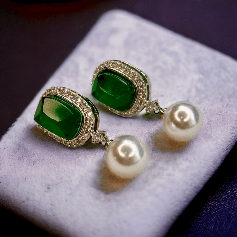 Emerald & Diamond earrings with Pearl Drops