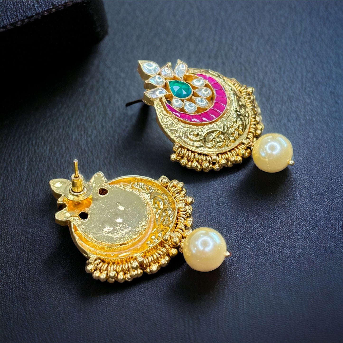 Gold Finished Kundan Earrings with green and pink detailing with pearl drops