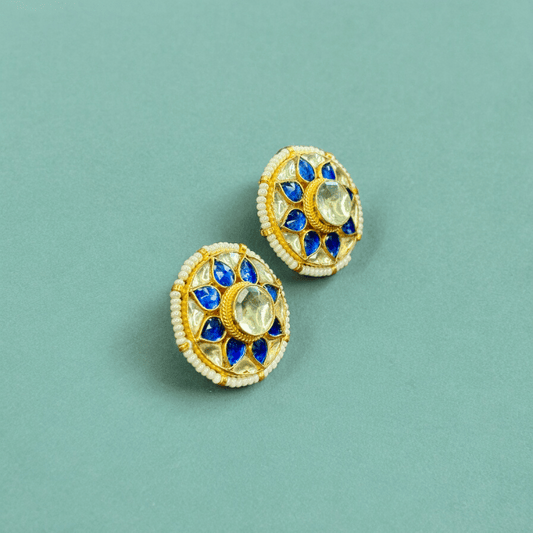 Gold Plated Round Kundan Studs with Royal Blue Stones