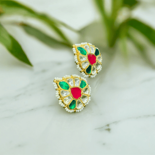 Gold Finished Kundan Studs with Red and Green Stones