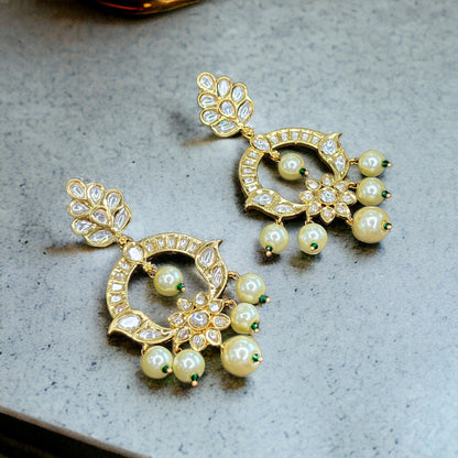 Gold Finished Kundan Danglers with Pearl Hangings