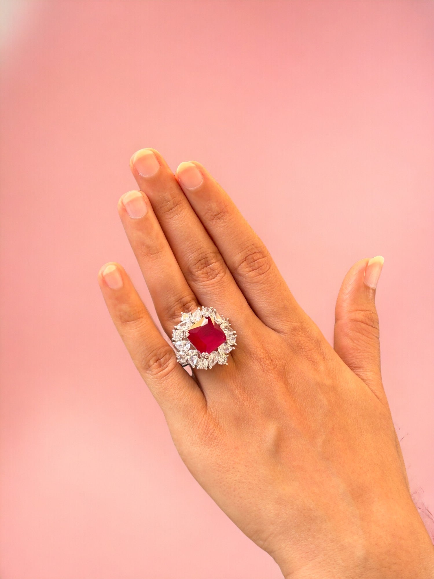 Diamond Cocktail Ring with Red Ruby Stone - Main Image