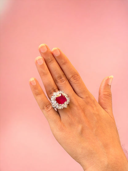 Diamond Cocktail Ring with Red Ruby Stone