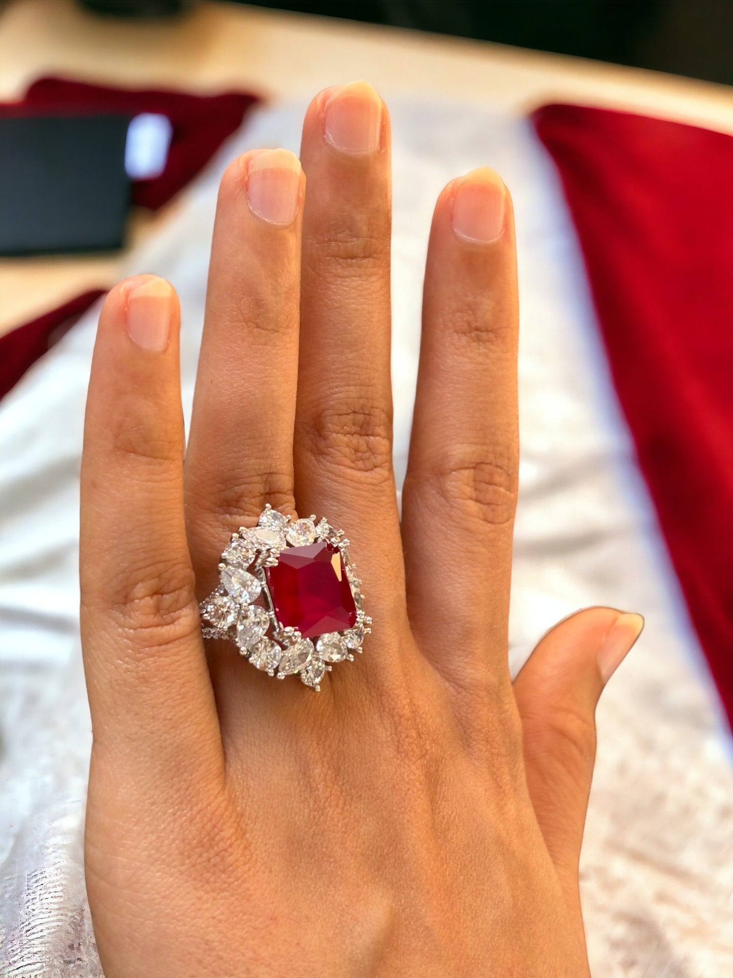 Diamond Cocktail Ring with Red Ruby Stone