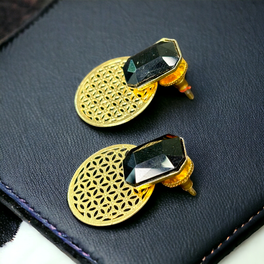 Gold Plated cut work Earrings with Black Onyx Stone