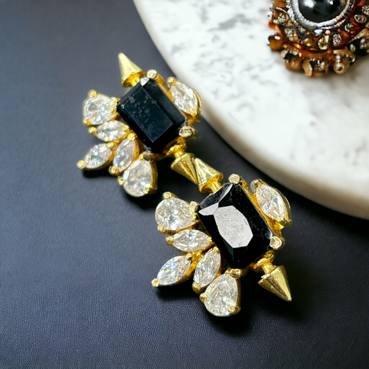 Gold-Plated Studs with Black Onyx Stone and Zircons