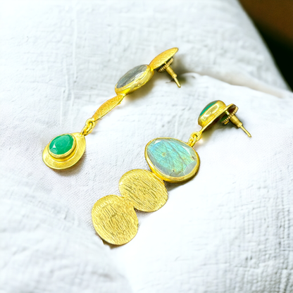 Gold-Plated Danglers with Emerald Green Stones