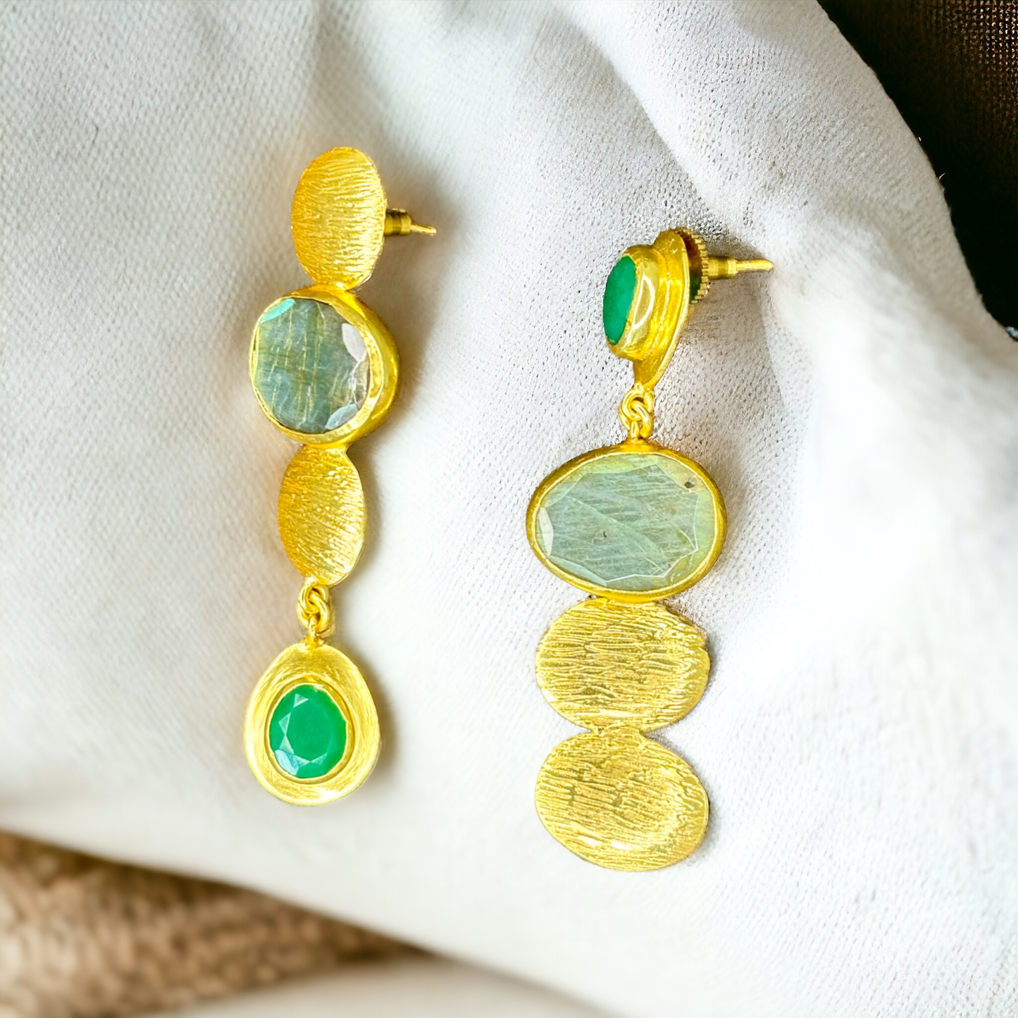 Gold-Plated Danglers with Emerald Green Stones