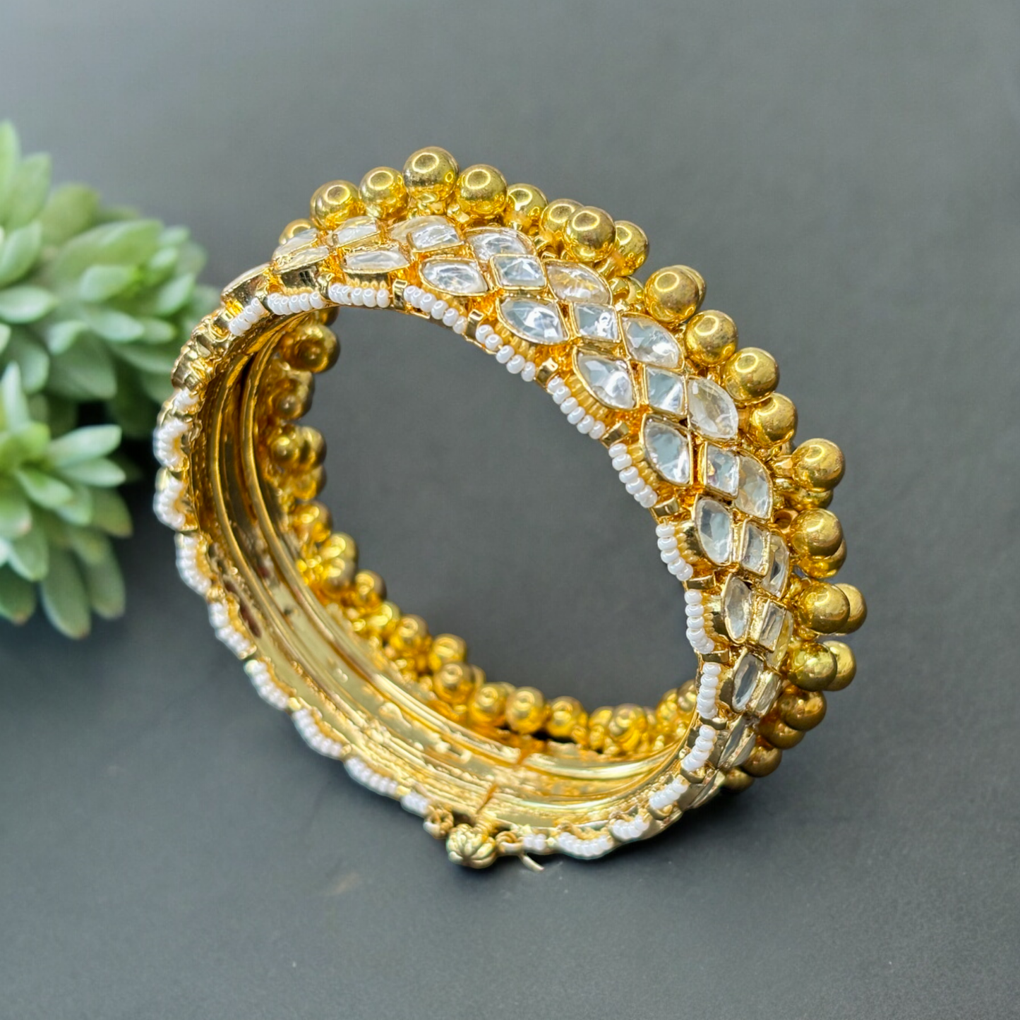 Gold Plated Kundan Bangle with Ghungroo and Pearl Detailing