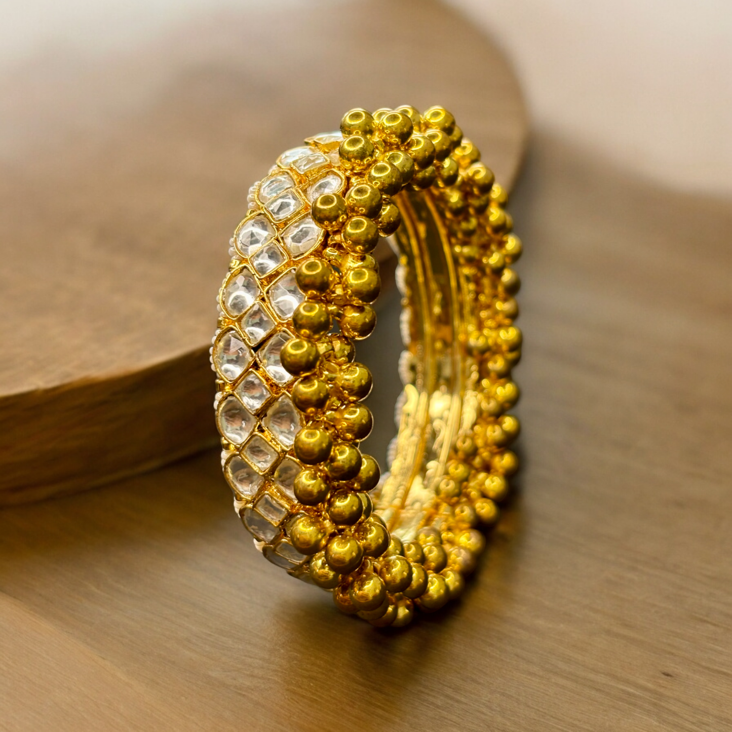 Gold Plated Kundan Bangle with Ghungroo and Pearl Detailing