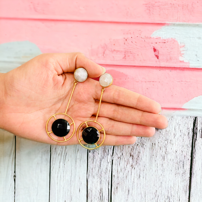 Good Plated Danglers with Off White & Black Onyx stone