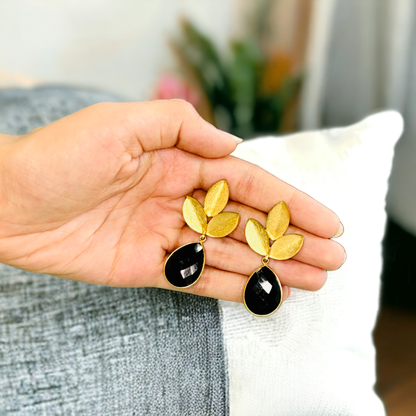 Gold Plated Floral Hangings with Black Onyx stone