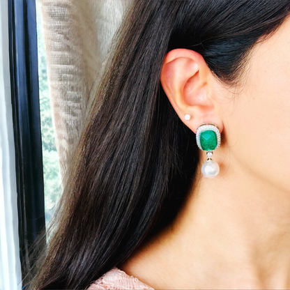 Emerald & Diamond earrings with Pearl Drops