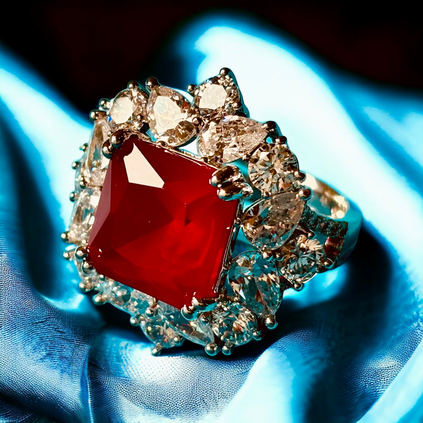 Diamond Cocktail Ring with Red Ruby Stone