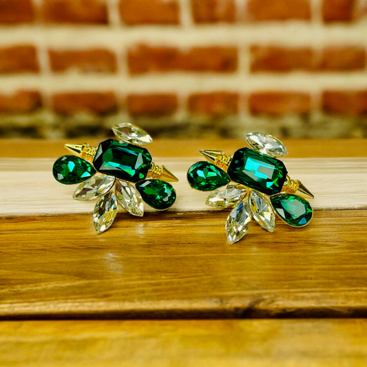 Gold Earrings with Emerald Green & Silver Stones