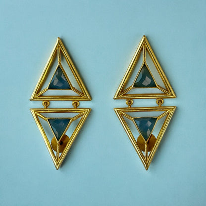 Gold-Plated Pyramid Earrings with Blue Stones