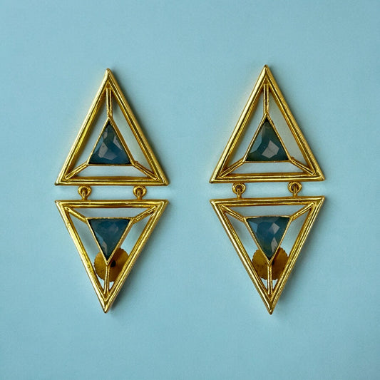 Gold-Plated Pyramid Earrings with Blue Stones