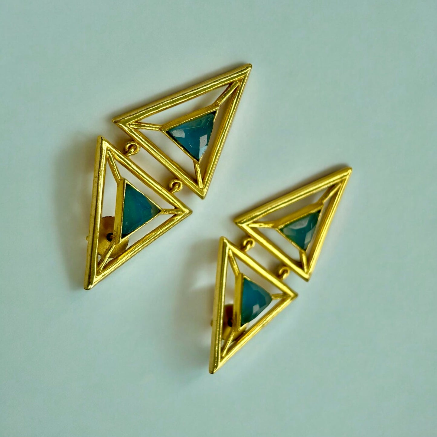 Gold-Plated Pyramid Earrings with Blue Stones