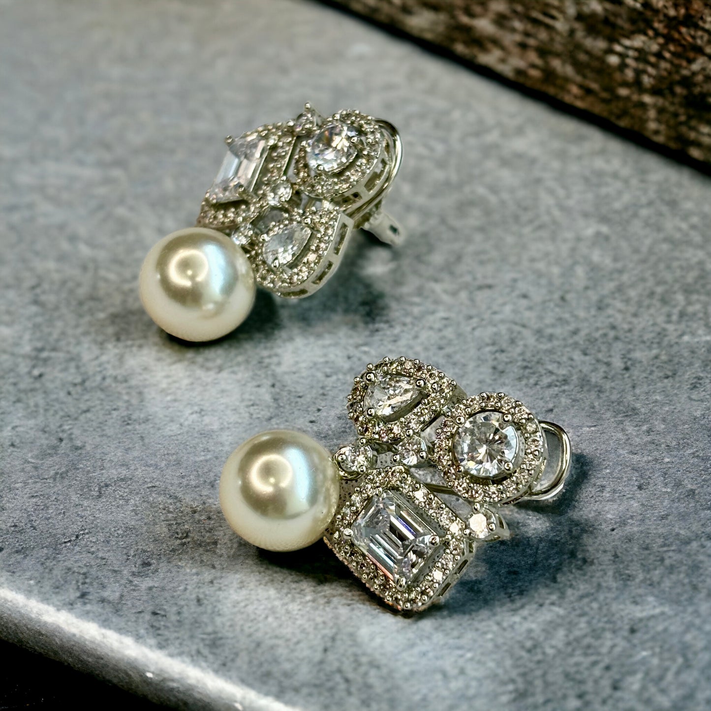 Diamond Earrings with Pearl Hangings