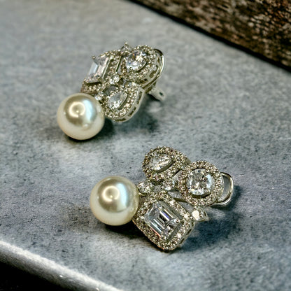 Diamond Earrings with Pearl Hangings