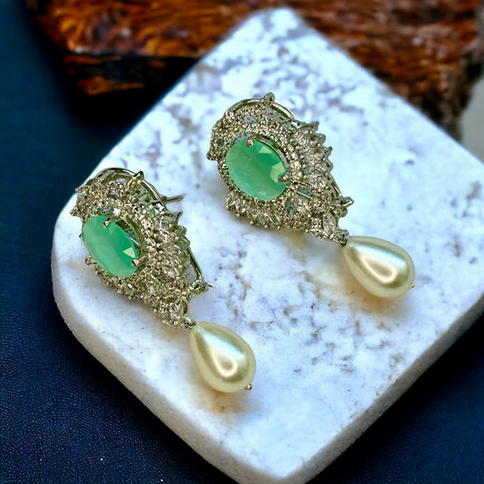 Diamond Earrings with Pastel Green Stones & Pearl Hangings