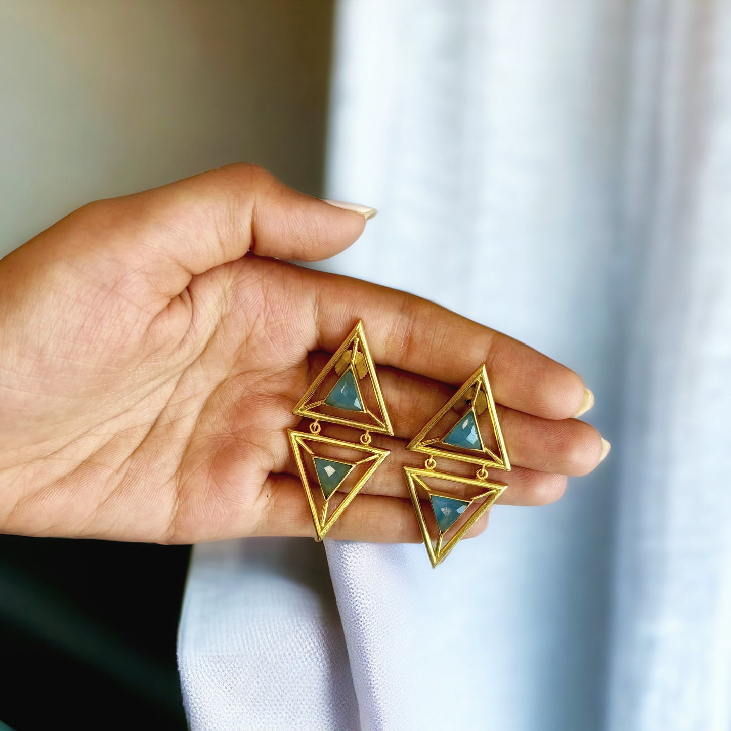 Gold-Plated Pyramid Earrings with Blue Stones