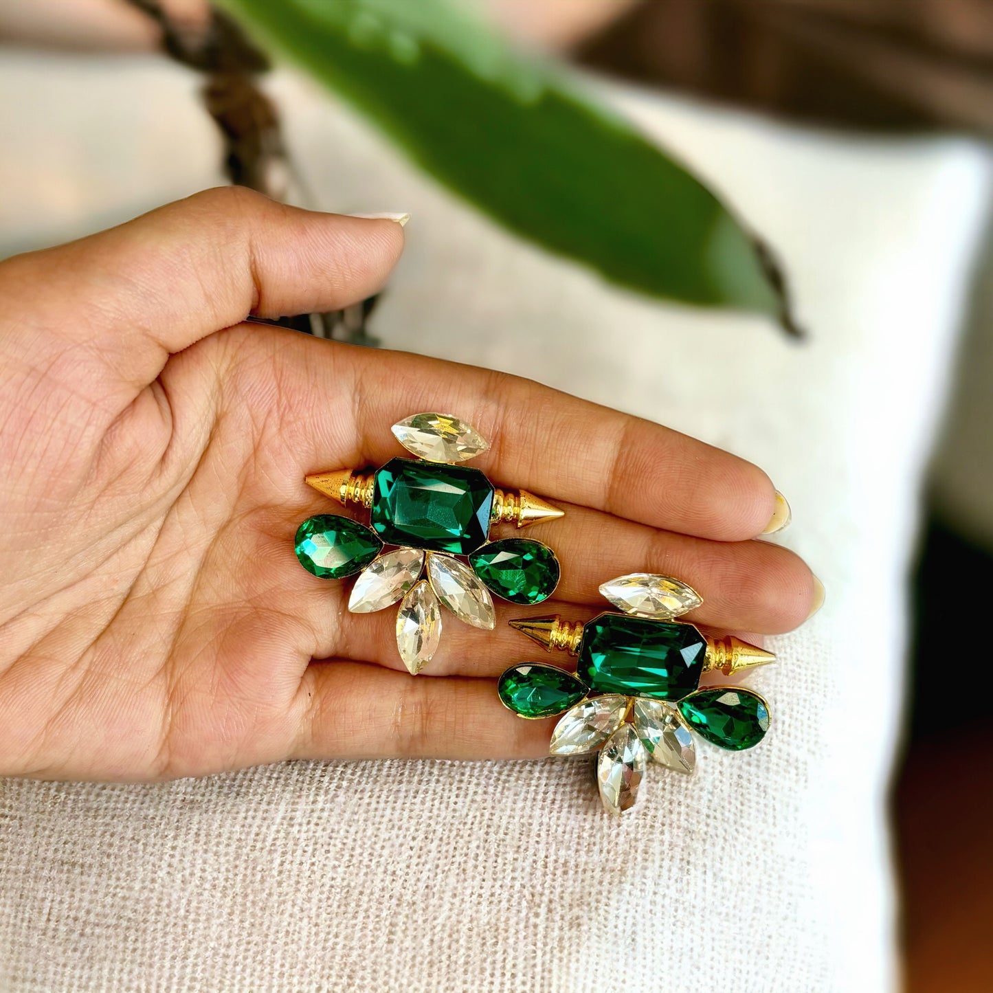 Gold Earrings with Emerald Green & Silver Stones