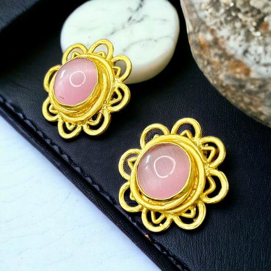 Gold-Plated Studs with Pastel Pink Stone