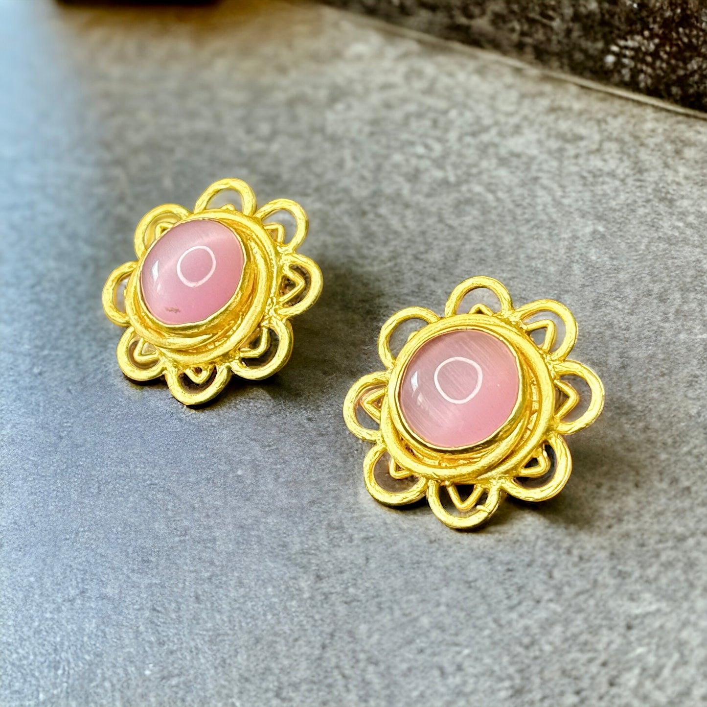 Gold-Plated Studs with Pastel Pink Stone