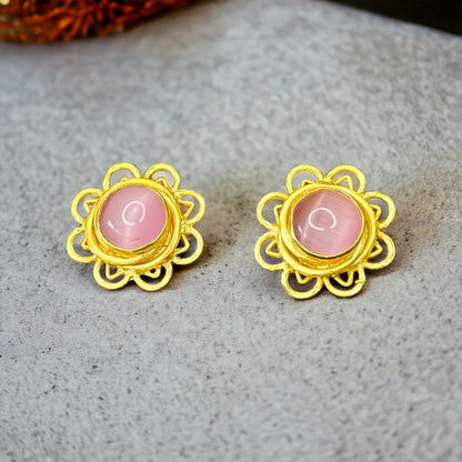 Gold-Plated Studs with Pastel Pink Stone