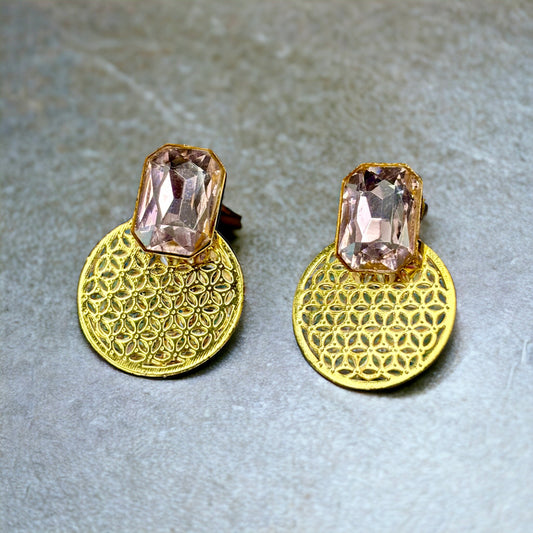 Gold Plated cut work Earrings with Pink stone