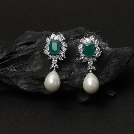 Silver Finished Diamond & Emerald Earrings with Pearl Hangings - Juwelen