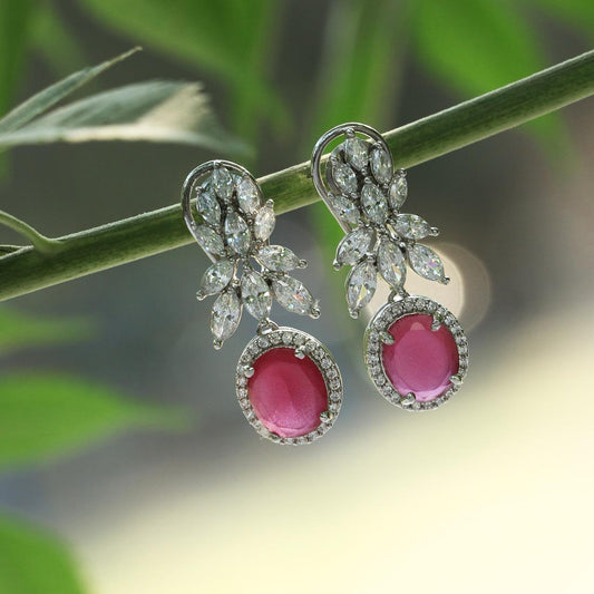 Silver Finished Diamond & Pink Ruby Danglers - Juwelen