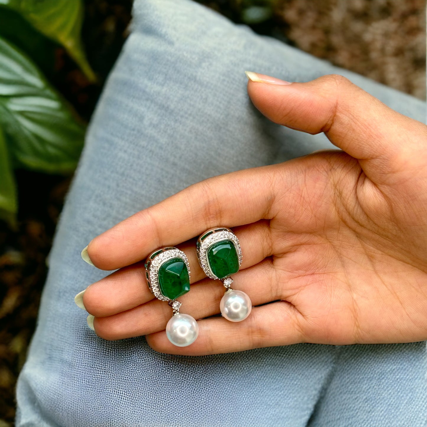 Emerald & Diamond earrings with Pearl Drops