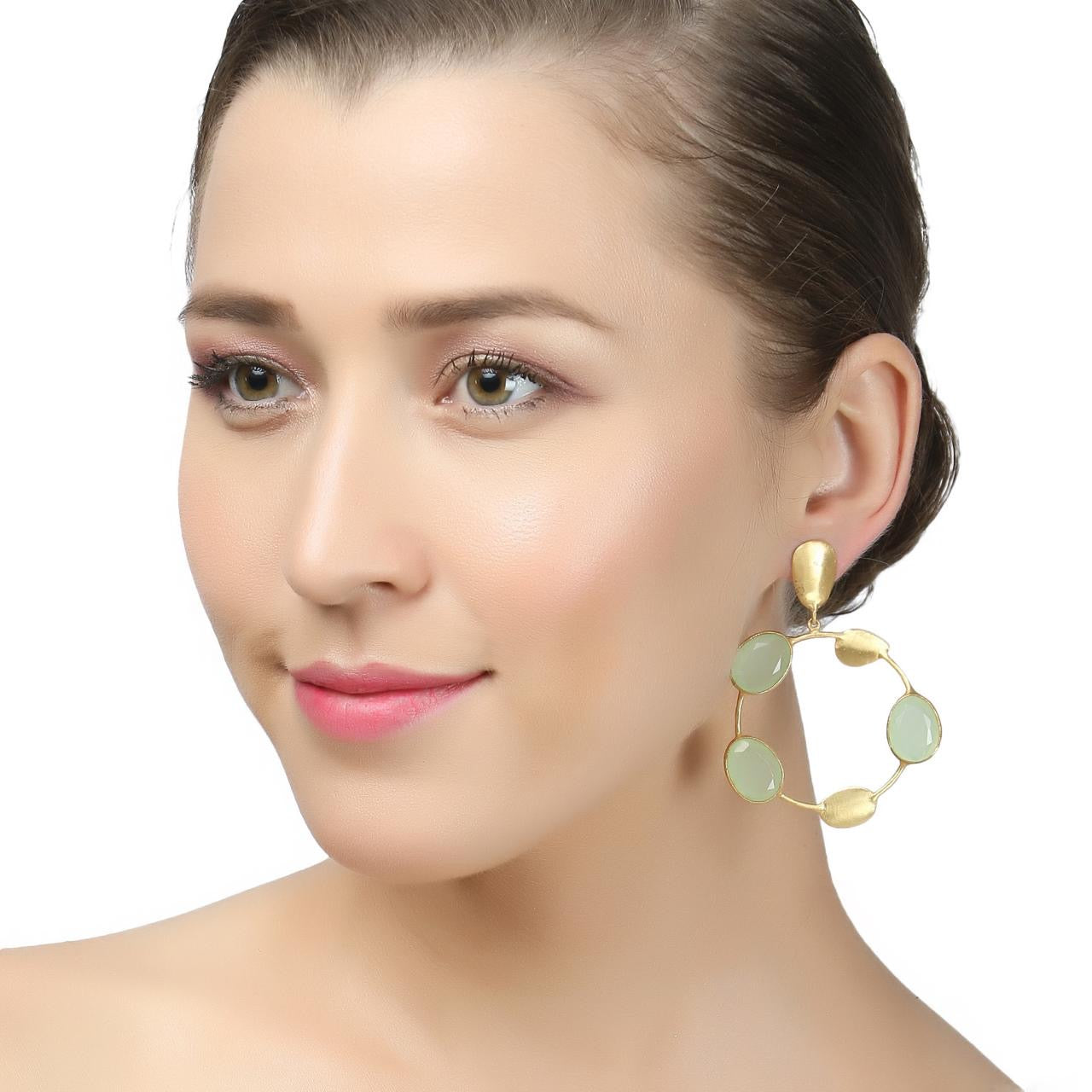 Gold-Plated Hoops with Pastel Green Stone