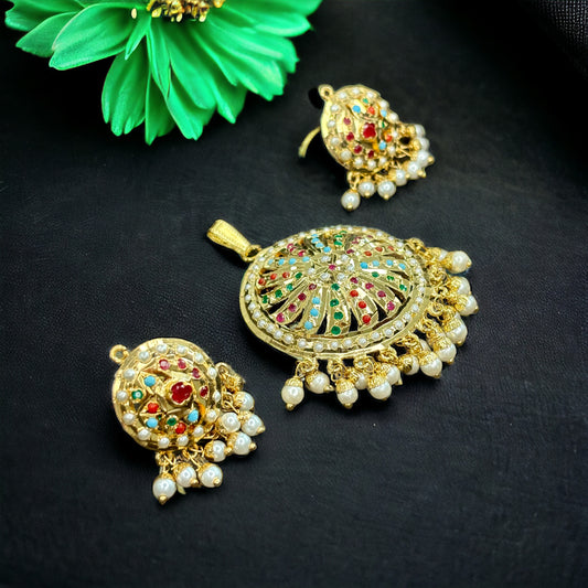 Gold Finished Round Jadau Pendant with Earrings