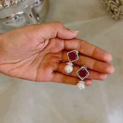 Diamond and Pearl Earrings with Dark Pink Stones