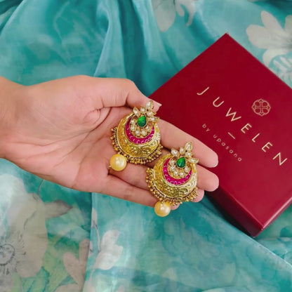 Gold Finished Kundan Earrings with green and pink detailing with pearl drops