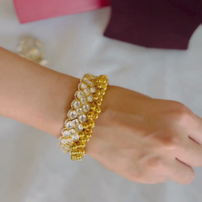 Gold Plated Kundan Bangle with Ghungroo and Pearl Detailing