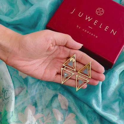 Gold-Plated Pyramid Earrings with Blue Stones