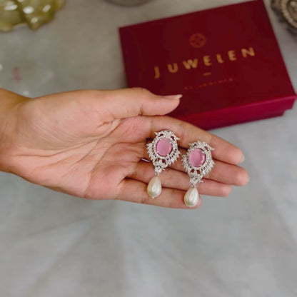 Pastel Pink Diamond Earrings with Pearls