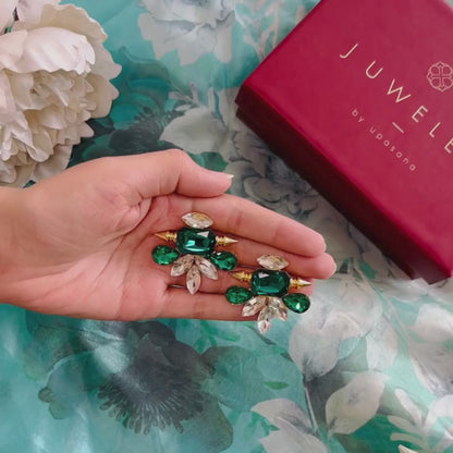 Gold Earrings with Emerald Green & Silver Stones