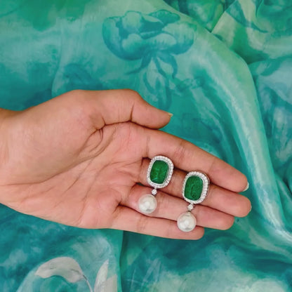 Emerald & Diamond earrings with Pearl Drops